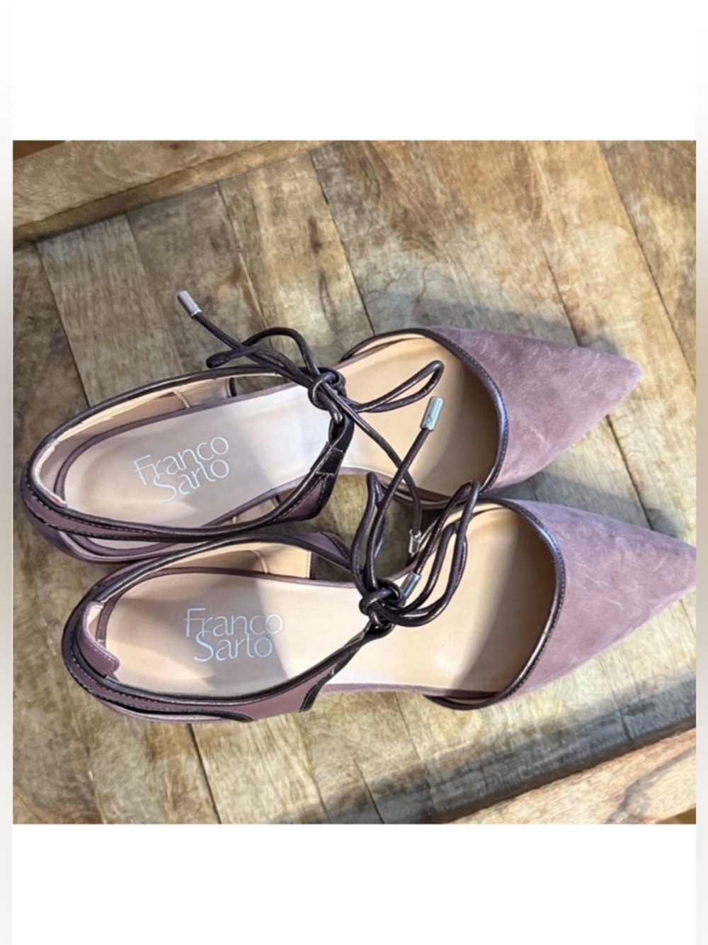 Franco Sarto Mauve Suede Pointed Toe Heels Size 10 Ankle Tie 3” Pump Lace Up - Picture 5 of 6